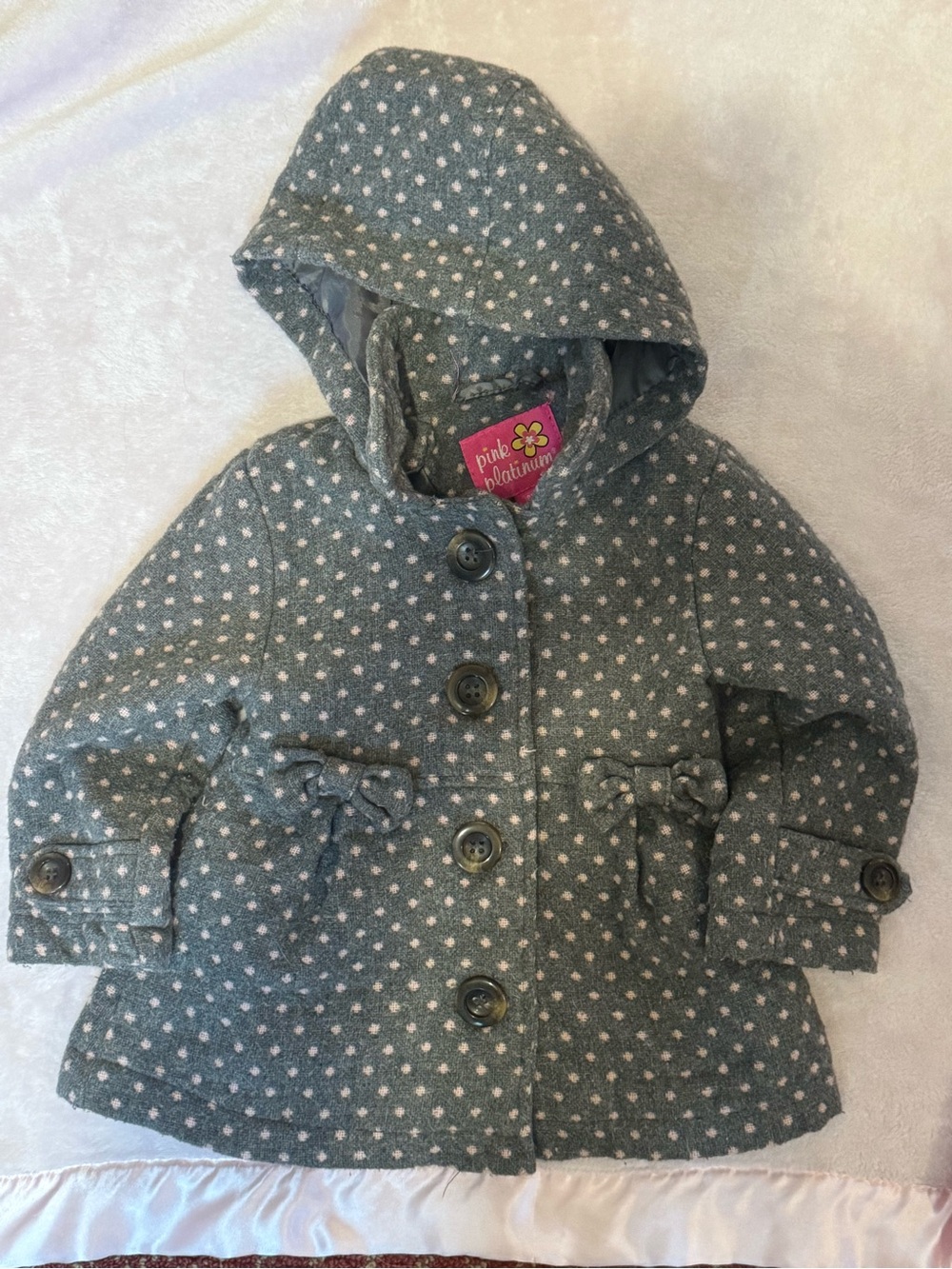 Pink Platinum - Gray Toddler Hooded Peacoat with Pink Dot Print